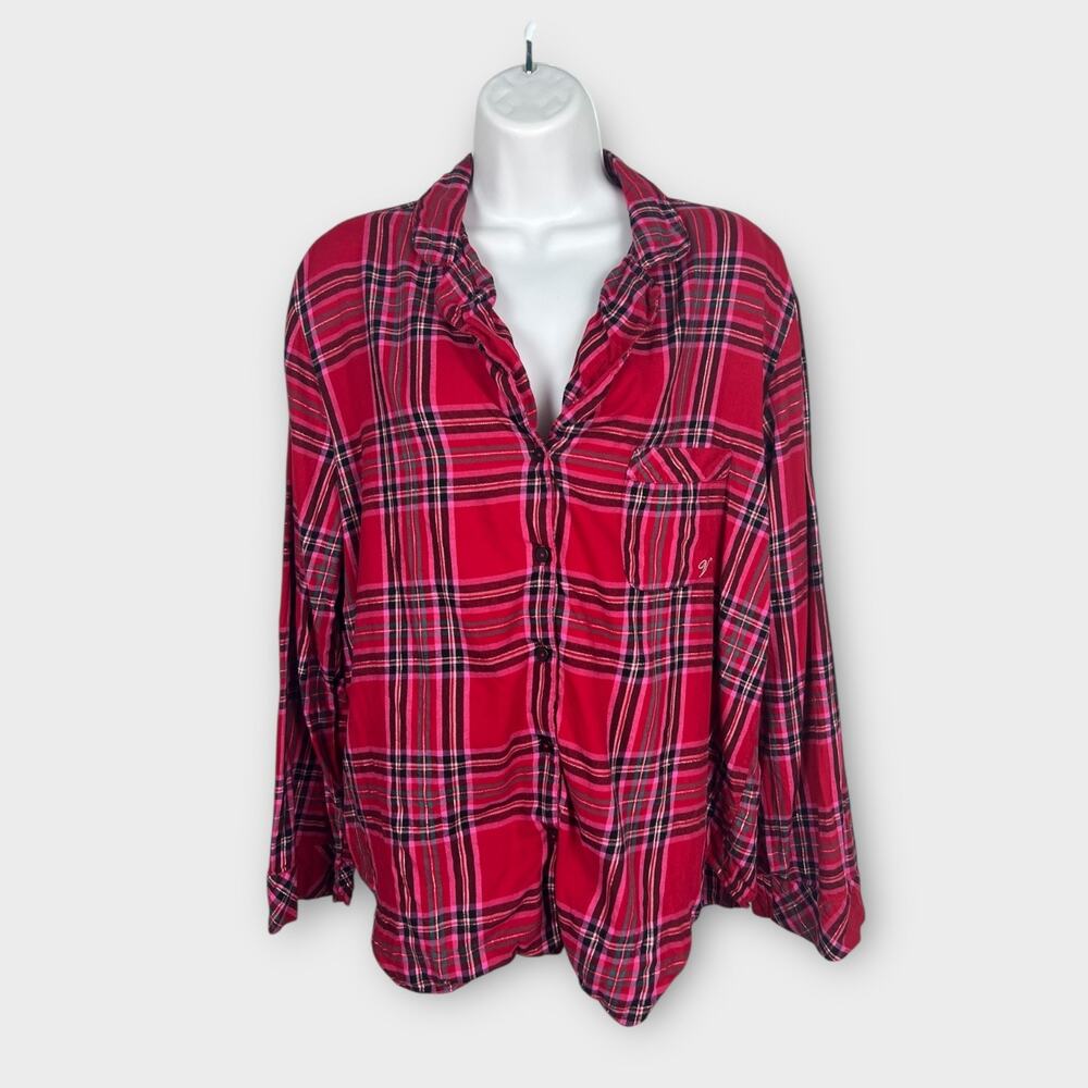 Victorias Secret Pajama‎ Top Red Pink Plaid Size Medium PJ Lounge Wear Button Up